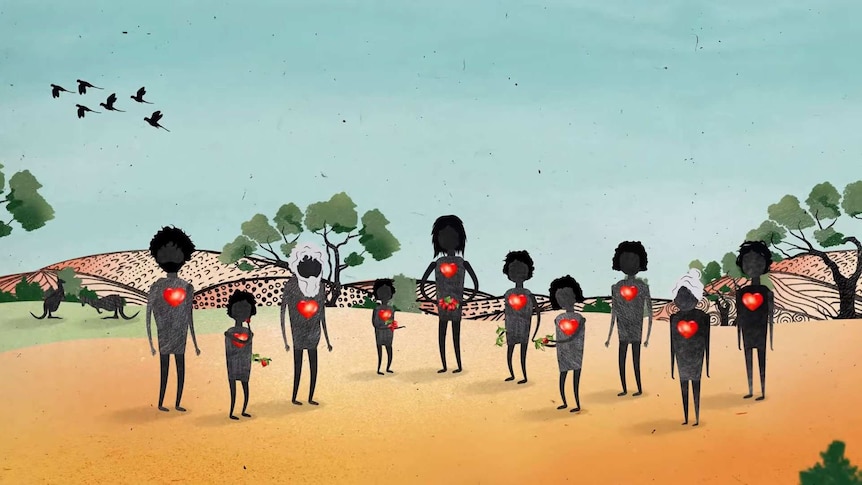 An illustration of black figures with love-hearts on their chests. They are on an orange landscape in front of trees and hills.