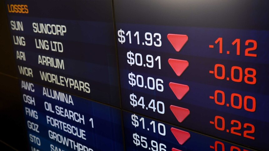 An information board illustrates the decline in share prices at the Australian Stock Exchange