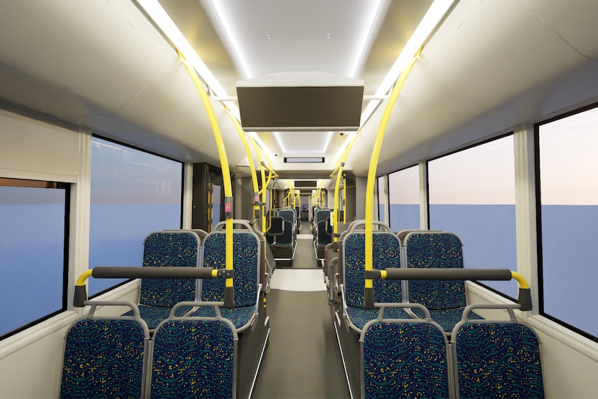 Interior of a new public transport vehicle, spacious seats and wide standing areas 
