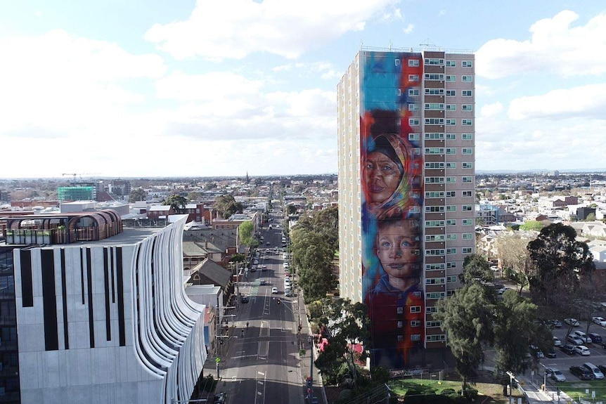 An aerial shot of the 20-storey mural on the Collingwood public housing tower.