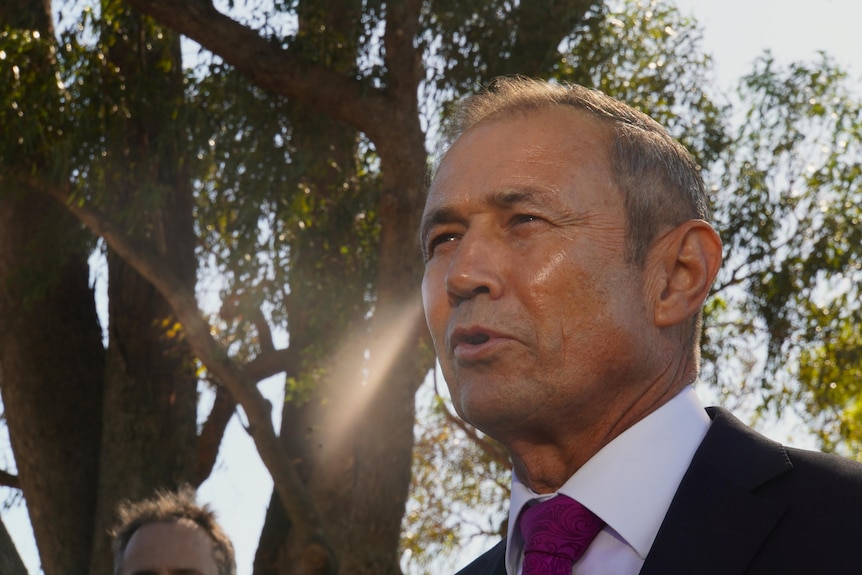 WA premier Roger Cook speaks while standing in front of a large tree.