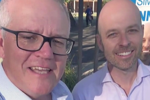 former prime minister scott morrison dows a social video with cook candidate simon kennedy at the byelection