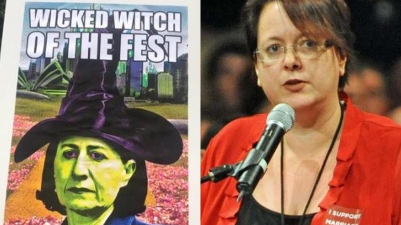 A composite image of a woman graphically altered to look like a witch, and another woman speaking.