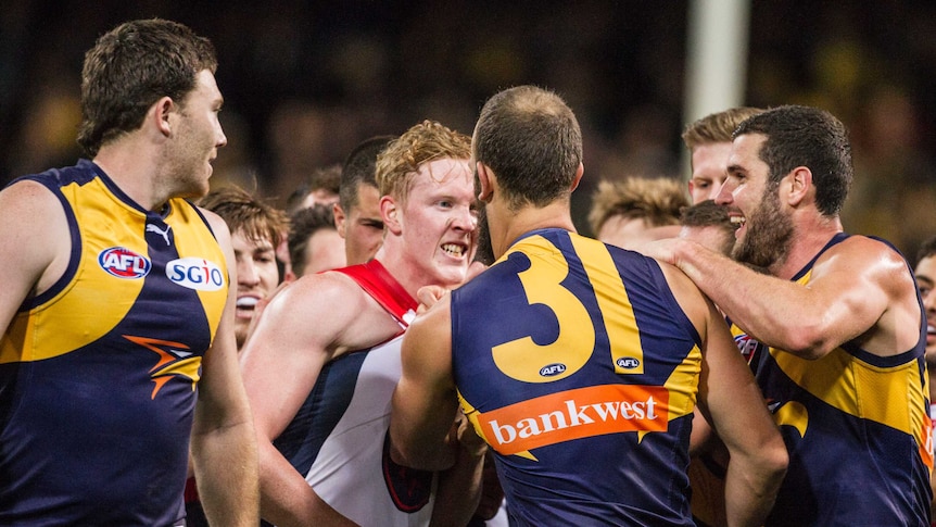 Melbourne Demons and West Coast Eagles players scuffle