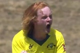 Screengrab of Australia's Lloyd Pope celebrating an eighth wicket against New Zealand