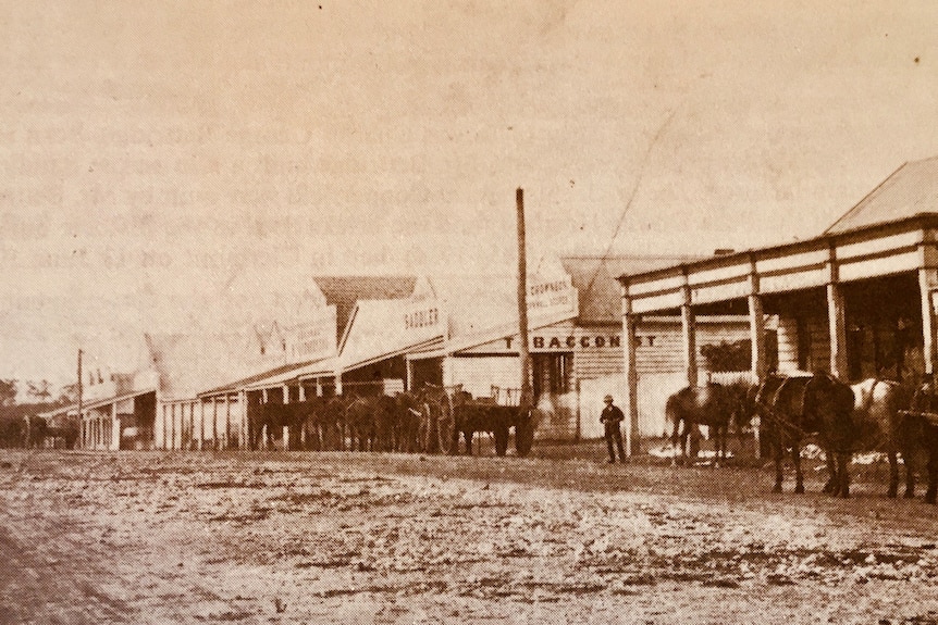 A black and white photo of the main street of Copperfield over a century ago with horse and buggies outside each shop front.