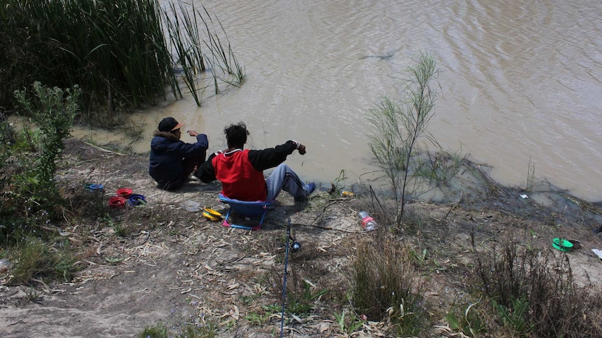 Anglers fishing on the Darling River at Menindee