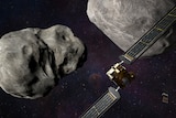 an illustration of a nasa spacecraft and a smaller spacecraft below it headed towards two large grey asteroids in space
