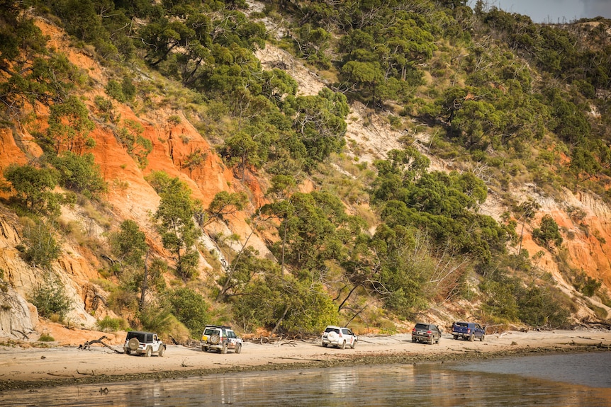 several four-wheel drive vehicles drive along a beach with sand dunes behind