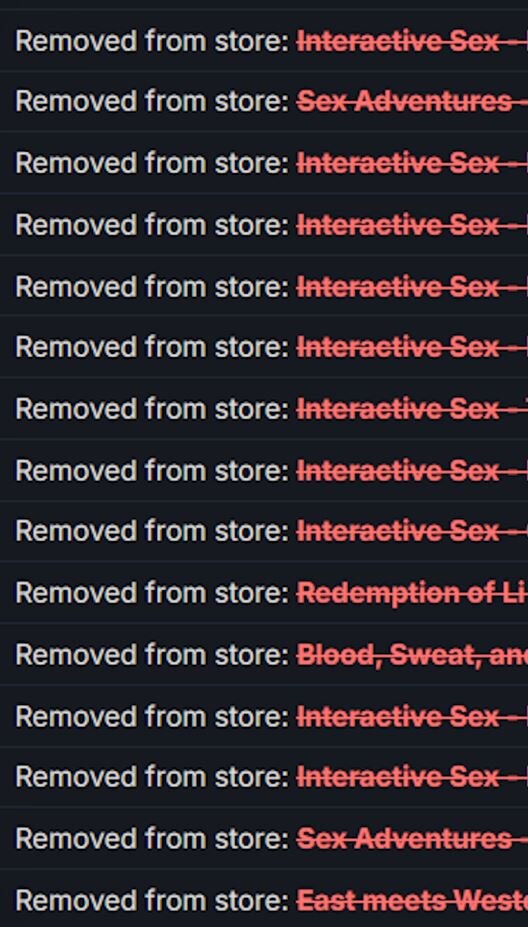A long list that says "Removed from store: Interactive Sex".