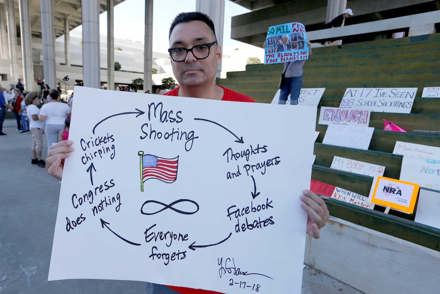 Florida teacher holds up sign in protest of gun control inaction