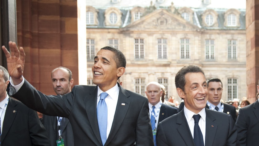 World without nuclear weapons...Mr Obama and Mr Sarkozy leave Rohan Palace in Strasbourg.