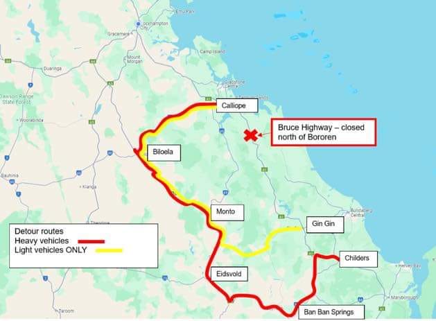 A map showing a detour route due to the closure of a major Queensland highway.