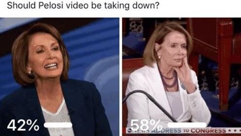 Two photos of Nancy Pelosi - one smiling, one frowning.