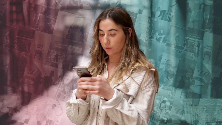 Lauren looks at her phone. Behind her is a pink and blue background showing dozens of TikTok videos.