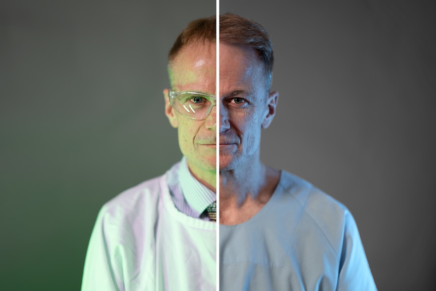 Two images put together, left side Richard in work uniform, right side Richard in a hospital gown.