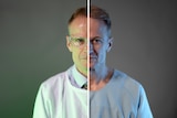 Two images put together, left side Richard in work uniform, right side Richard in a hospital gown.