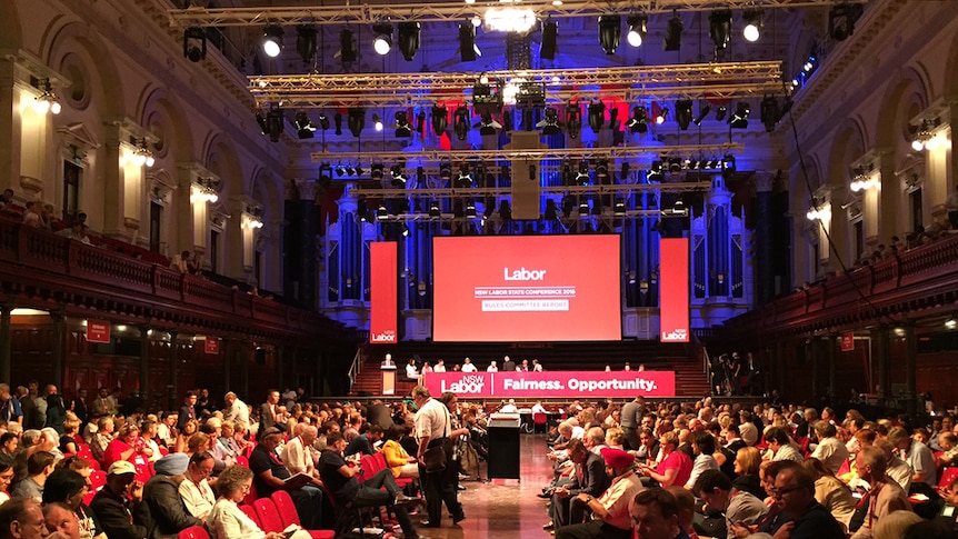 The Town Hall is packed with delegates.