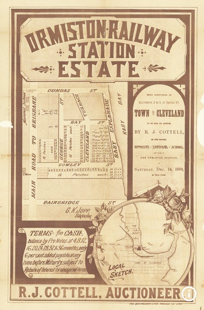 Historic auction advertisement for subdivided land at Ormiston railway station estate, east of Brisbane, in 1889.