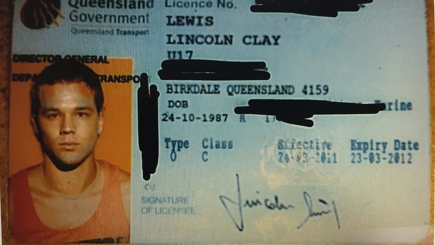 A drivers licence shows a doctored photograph of Lincoln Lewis, with details blacked out.