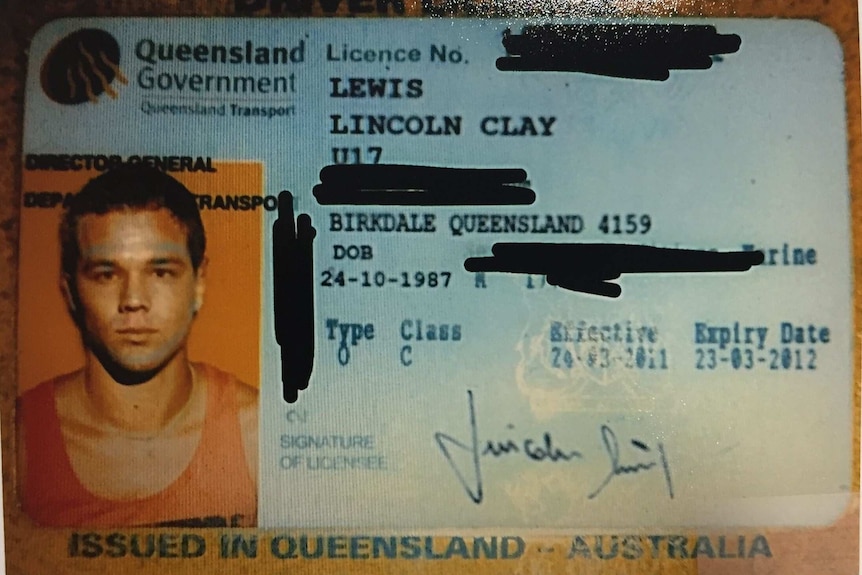 A drivers licence shows a doctored photograph of Lincoln Lewis, with details blacked out.