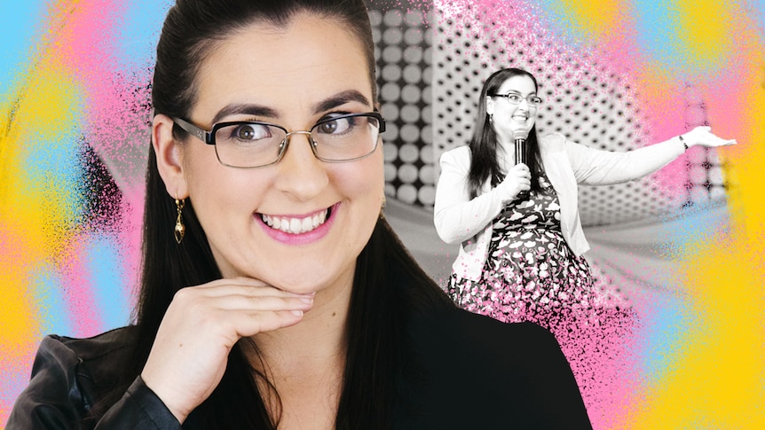 Collage of comedian Nicola Macri performing standup holding microphone, and a portrait of her smiling with her hand under chin.