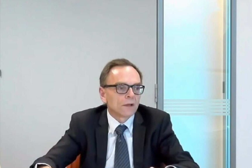 A man wearing a suit and glasses speaks via videolink to an inquiry.