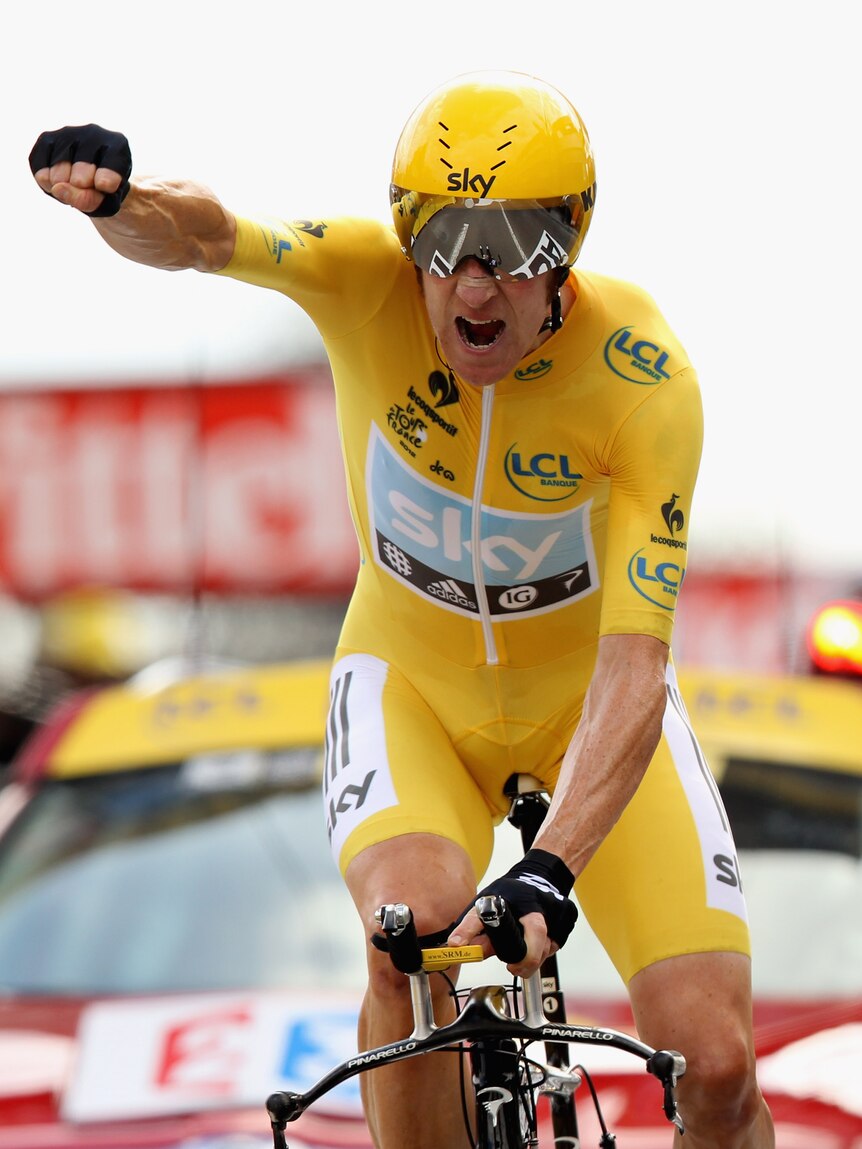 Making a statement ... Bradley Wiggins punches the air with delight as he celebrates winning the 19th stage