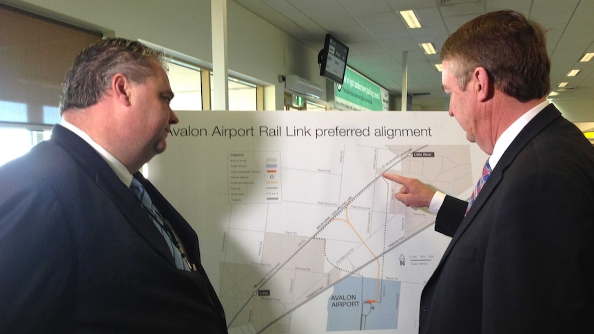 Avalon Airport's CEO Justin Giddings (left) and Transport Minister Terry Mulder, discuss plans for a rail link to the airport.