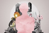 An illustration showing a pink silhouette against a backdrop of Japanese imagery. 