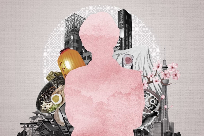 An illustration showing a pink silhouette against a backdrop of Japanese imagery. 