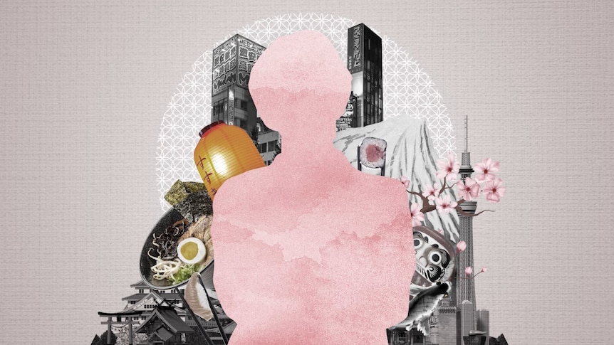 An illustration showing a pink silhouette against a backdrop of Japanese imagery. 