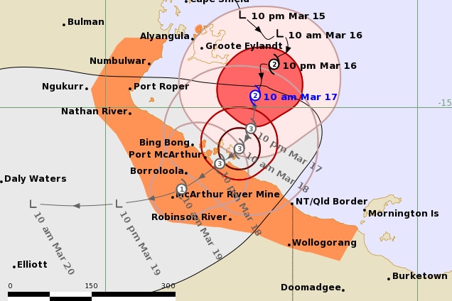 A cyclone track map covering the eastern NT.