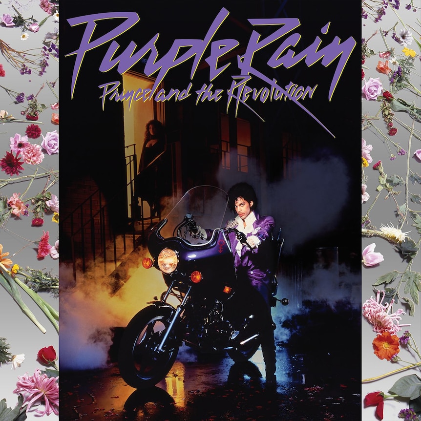 Album cover for Prince's 'Purple Rain', featuring Prince wearing a purple suit and sitting on a motorbike