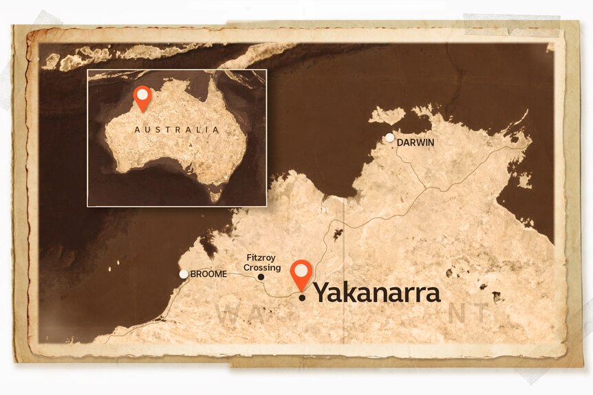 A map showing Yakanarra in northern Western Australia. 