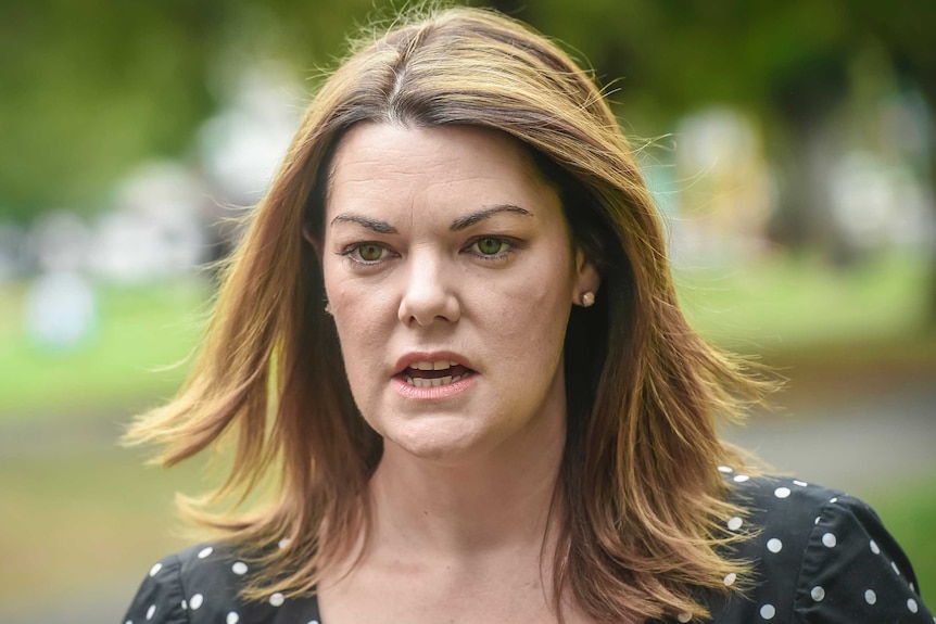 Sarah Hanson-Young mid-speech.