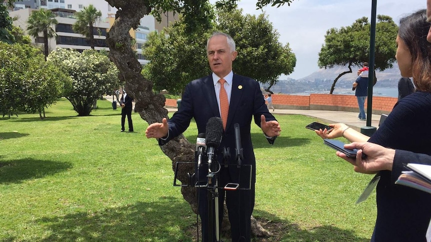 Malcolm Turnbull speaks at a press conference in Lima