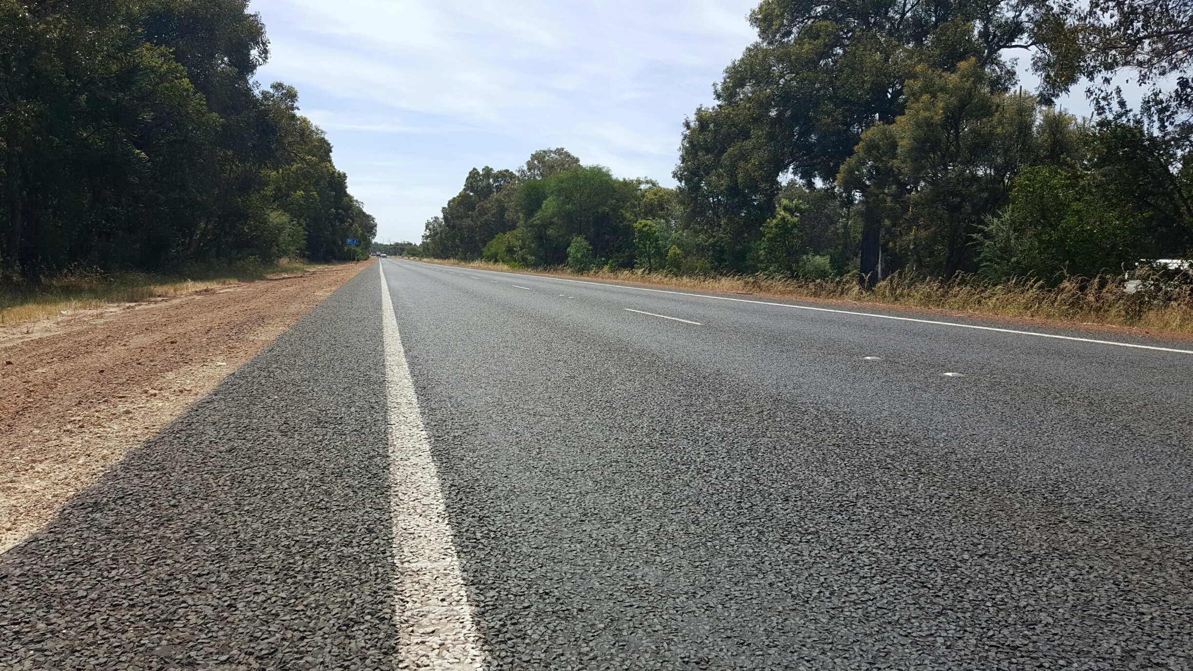 An empty highway stretches into the distance with trees either side
