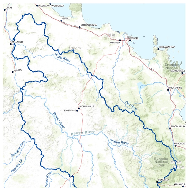 Map of the Bowen, Bogie and Broken River catchment.