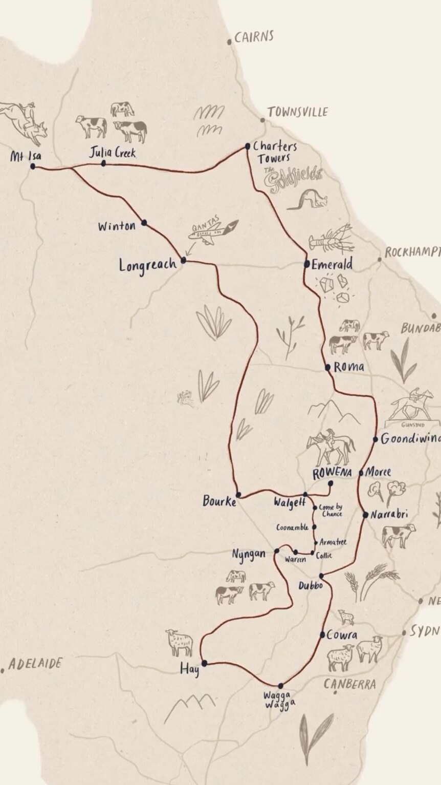 map showing route through outback of New South Wales and Queensland