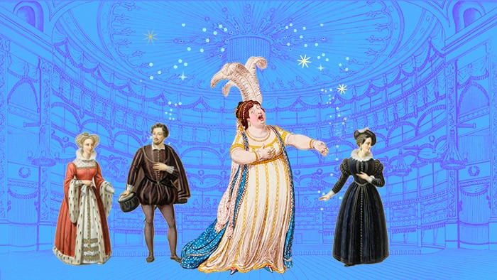 Paintings of four opera singers in renaissance dress, arranged on a purple background.