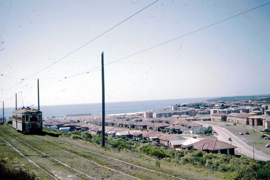 A tram drives past Maroubra Bay on its last day of service
