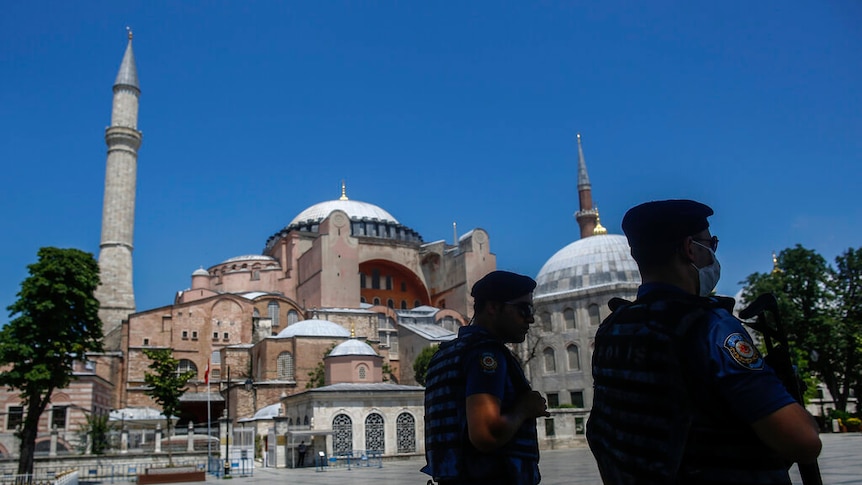 Police patrol outside the Byzantine-era Hagia Sophia, one of Istanbul's main tourist attractions.