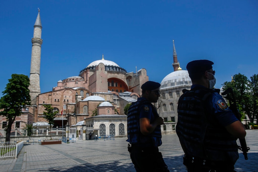 Police patrol outside the Byzantine-era Hagia Sophia, one of Istanbul's main tourist attractions.