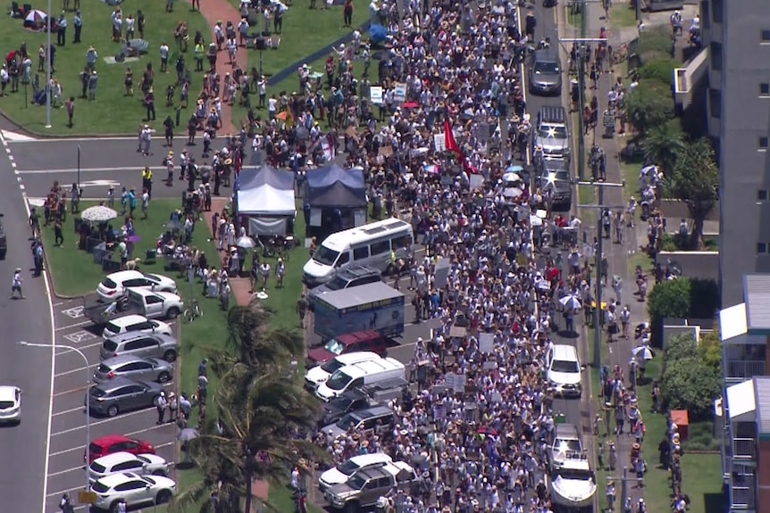 Thousands gathered at a protest at Coolangatta