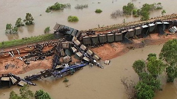 Derailed freight train at Edith River Bridge