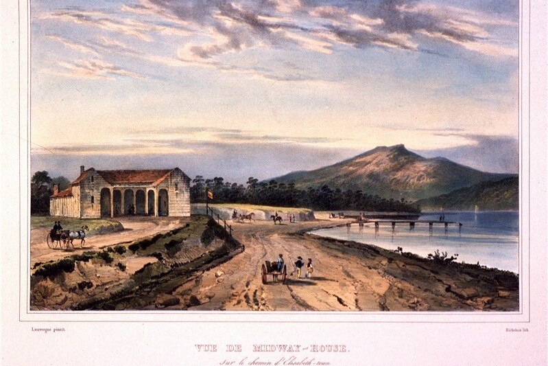 A coloured drawing from 1833 showing a building with a red roof on a hill