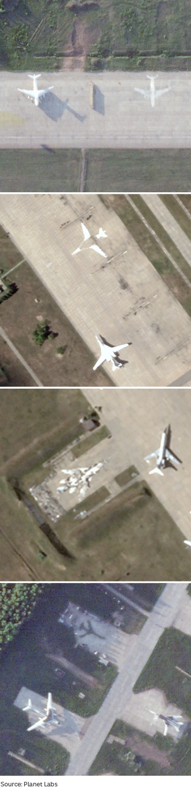 Four satellite images showing examples of apparent decoy planes on airbases in Russia.