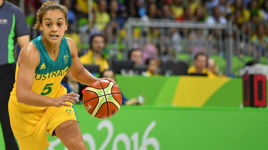 Australia's point guard Leilani Mitchell with the ball against Belarus in women's basketball in Rio.