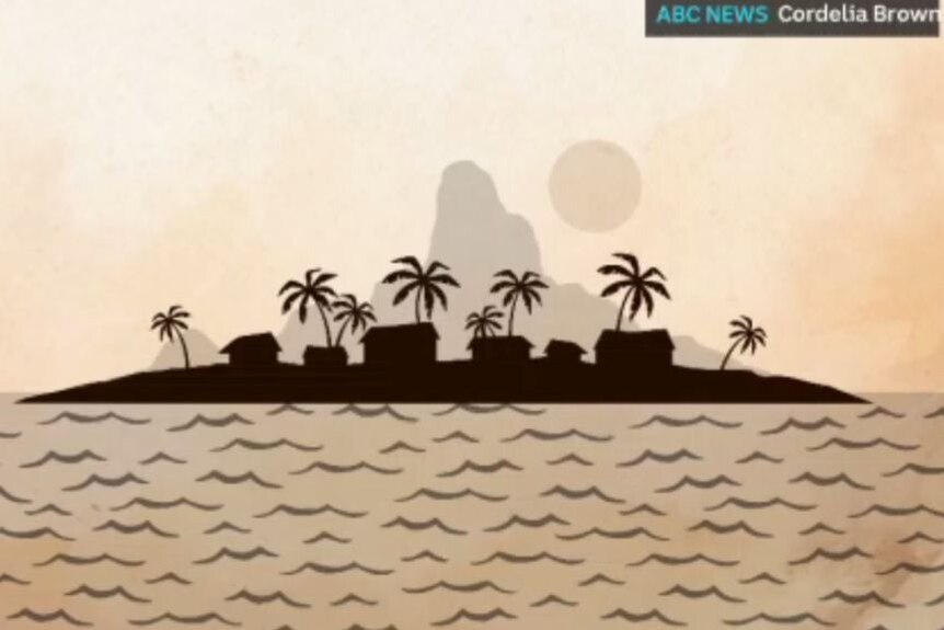 A graphic showing the silhouete of a tropical island in the ocean.